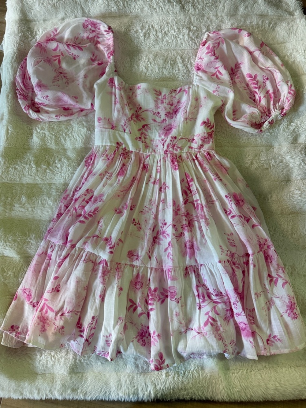 Altar'd State White Dress -Pink Floral Print and Puff Sleeves - Used for a hour